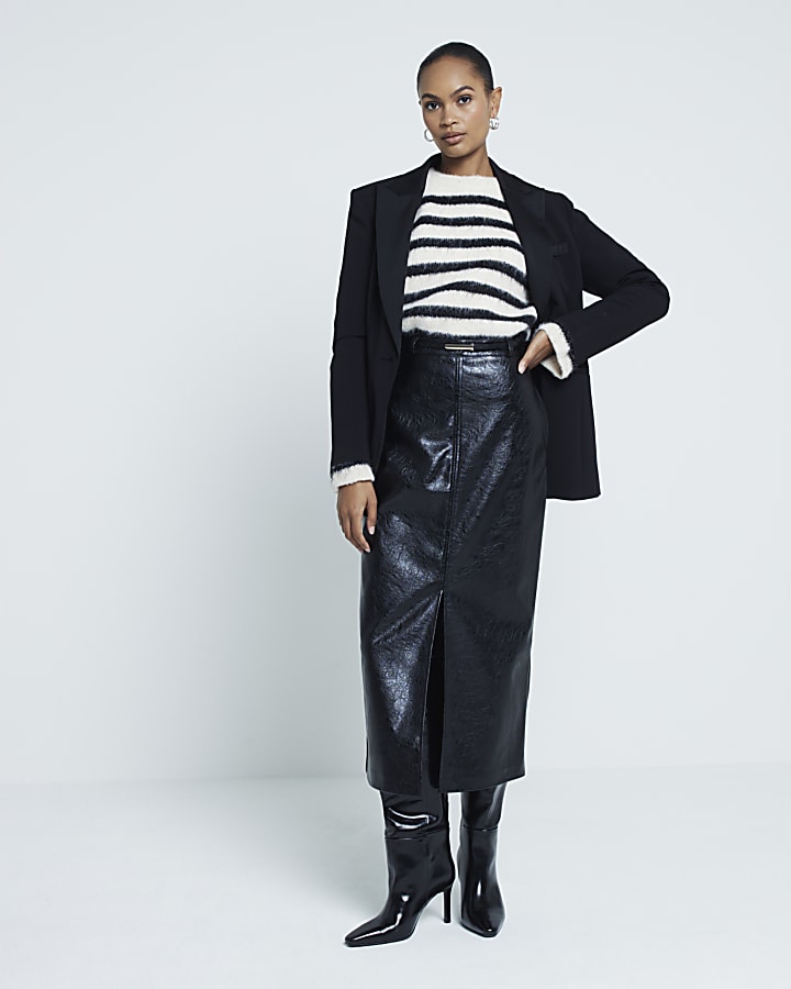 Black faux leather midi skirt River Island