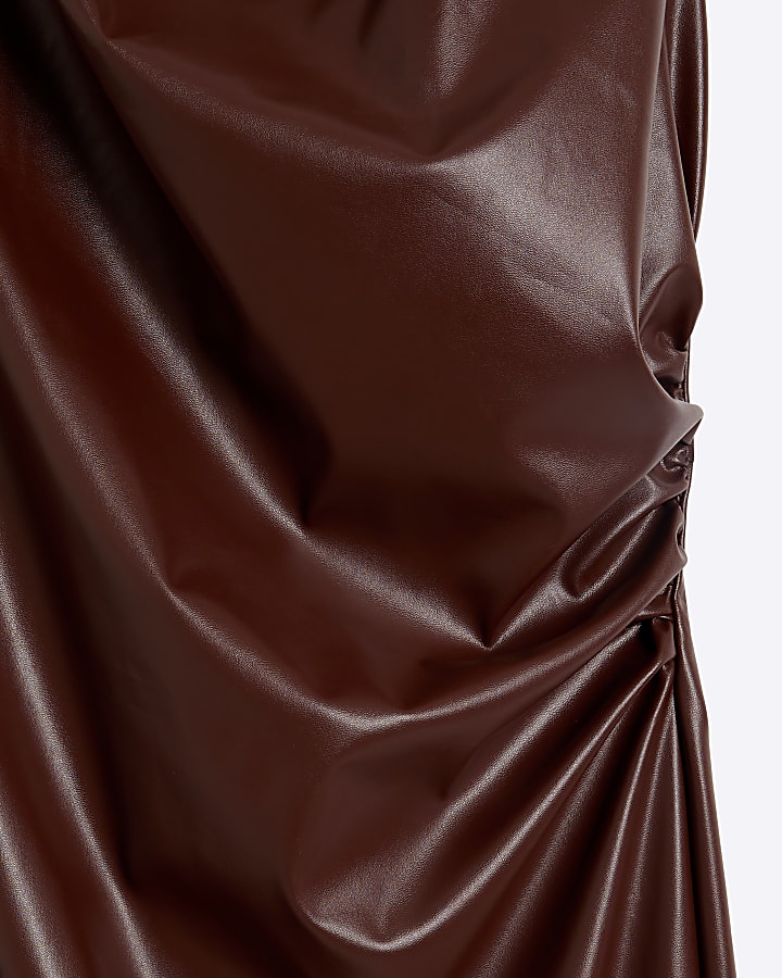 Brown faux leather drape bodycon midi dress