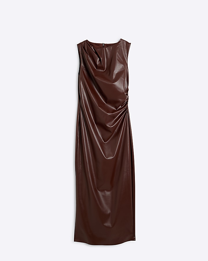 Brown faux leather drape bodycon midi dress