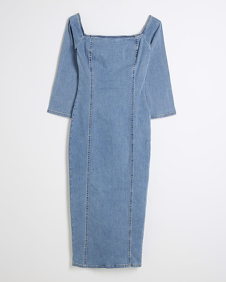 Petite Blue Denim Bardot Stretch Midi Dress