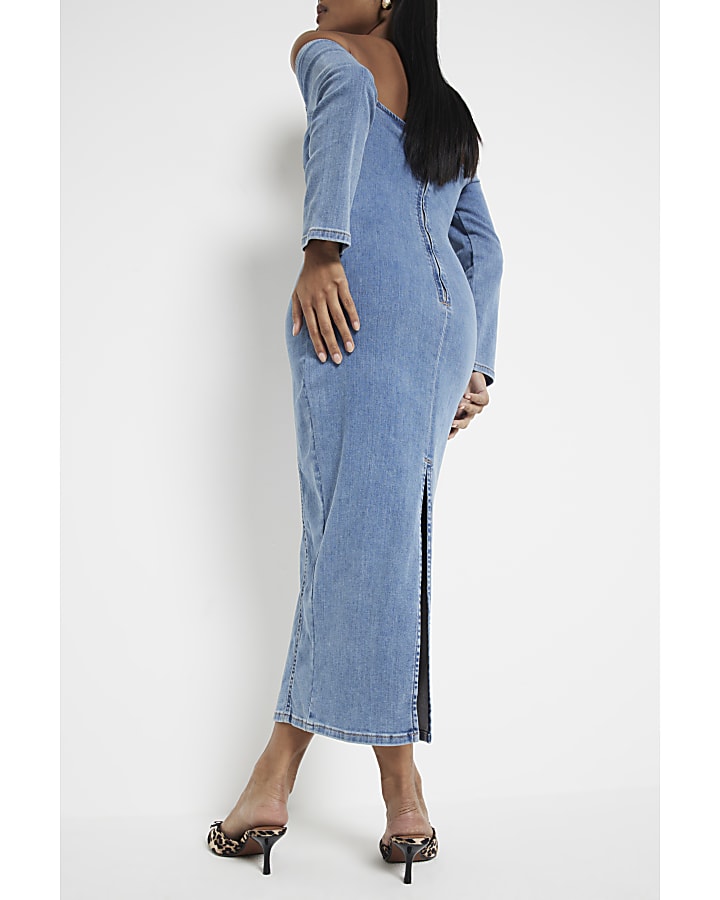 Petite Blue Denim Bardot Stretch Midi Dress