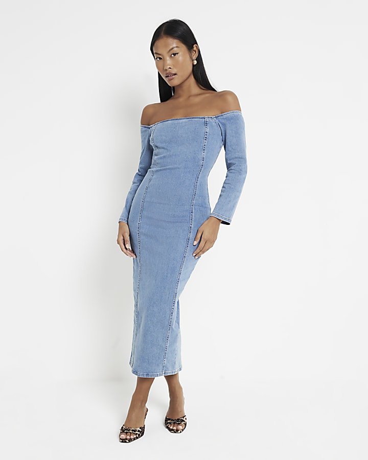 Petite Blue Denim Bardot Stretch Midi Dress