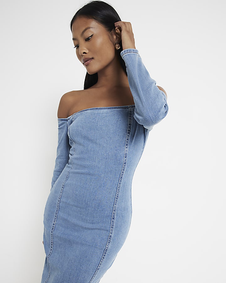 Petite Blue Denim Bardot Stretch Midi Dress