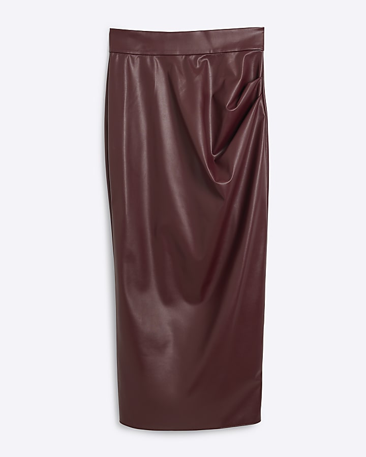 Red faux leather drape midi skirt