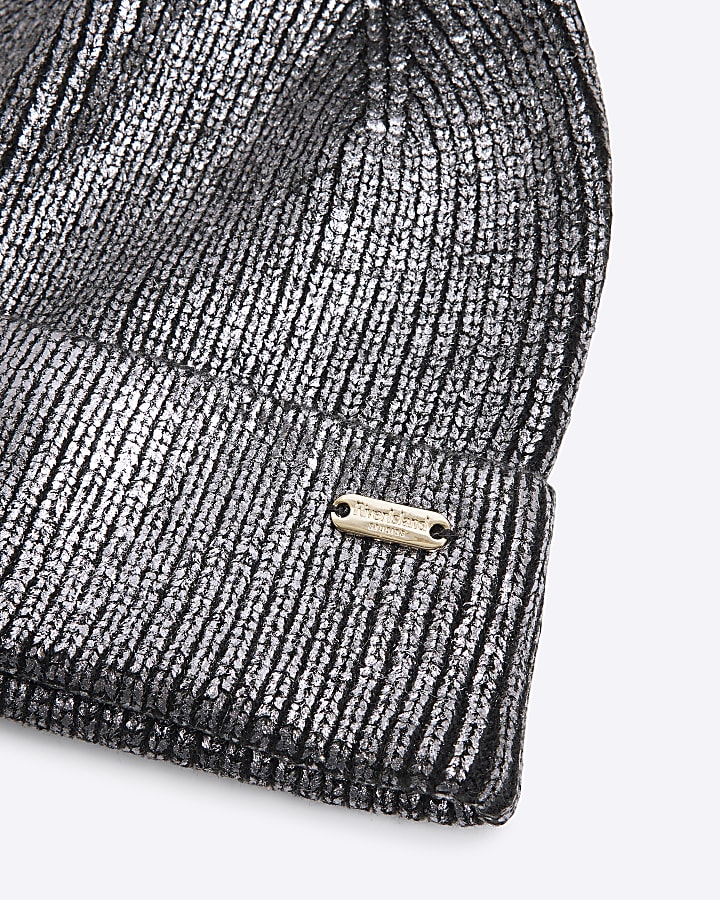 Black Metallic Pom Pom Beanie Hat