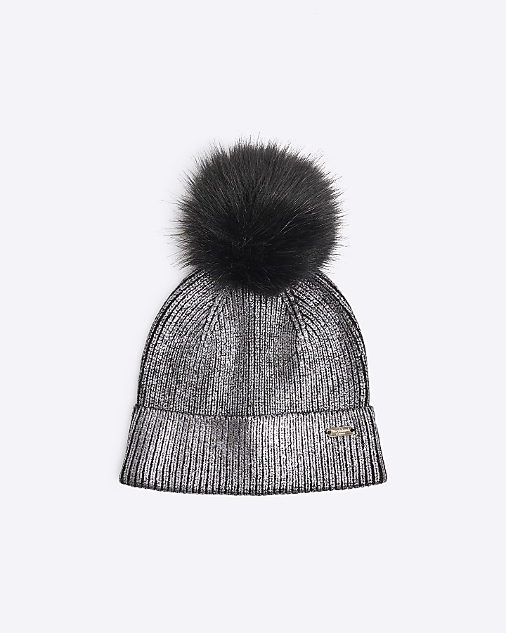 Black Metallic Pom Pom Beanie Hat