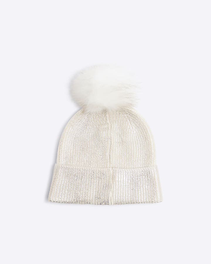 Silver Metallic Pom Pom Beanie Hat