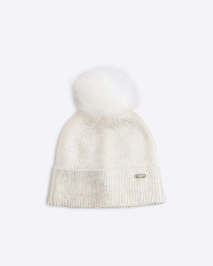 Silver Metallic Pom Pom Beanie Hat