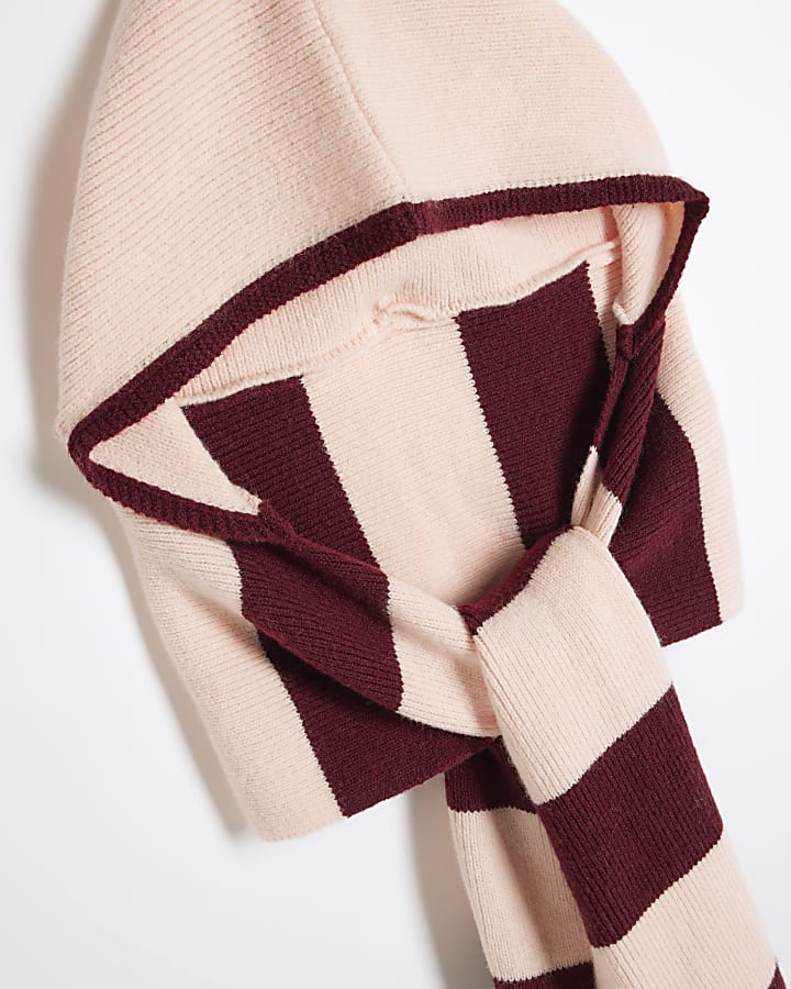 Pink Knitted Stripe Hood Scarf