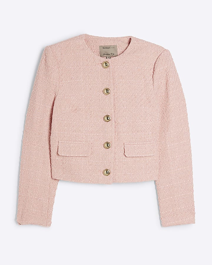 Pink Boucle Crop Collarless Jacket