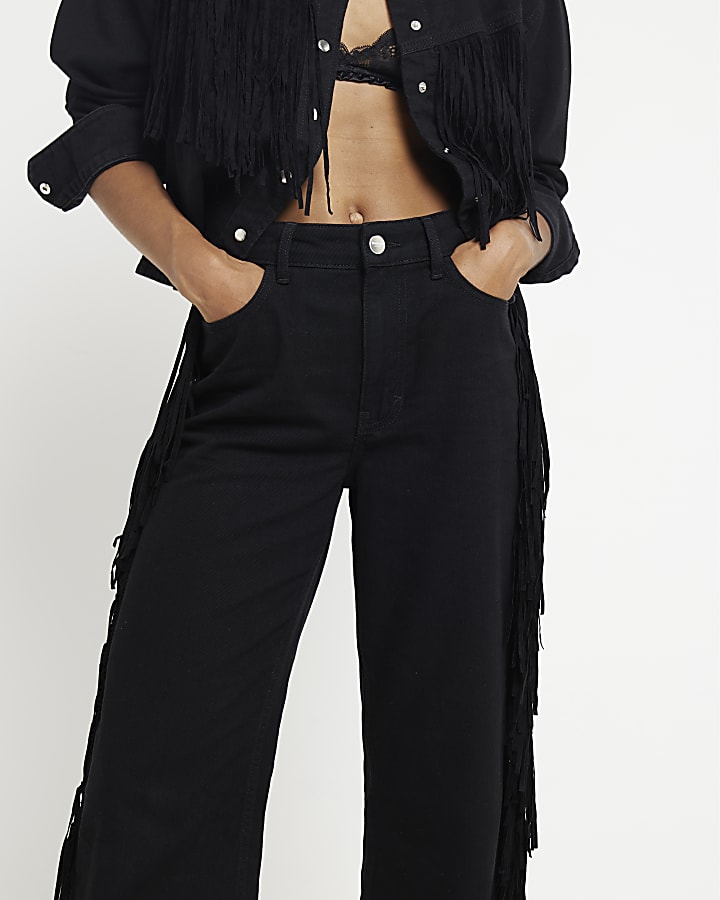 Black Relaxed Straight Leg Tassel Jeans
