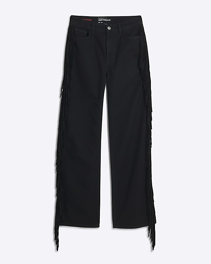 Black Relaxed Straight Leg Tassel Jeans