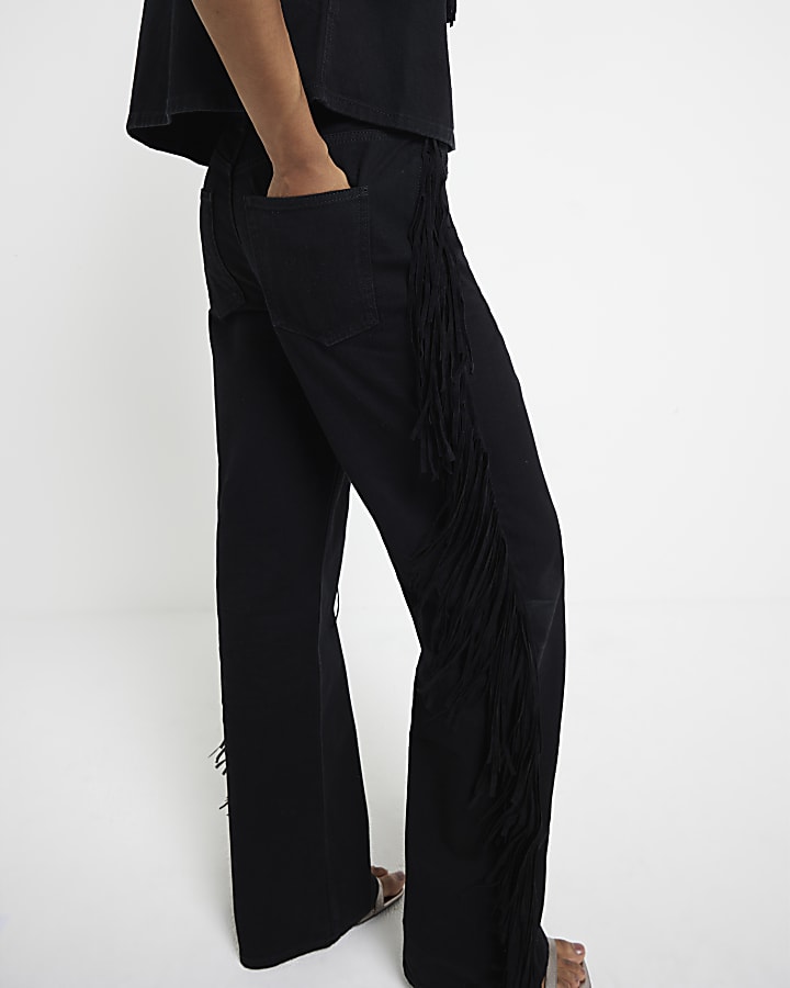 Black Relaxed Straight Leg Tassel Jeans