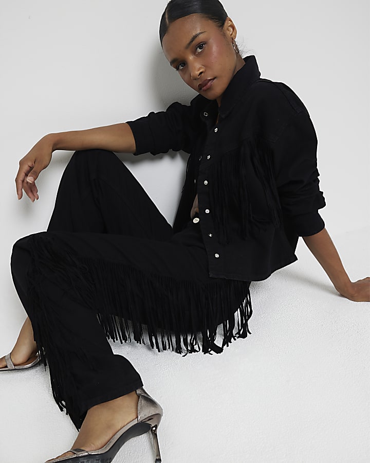 Black Relaxed Straight Leg Tassel Jeans