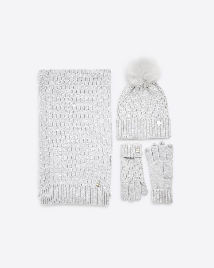 Grey Cable Knit Scarf Hat and Gloves Gift Set