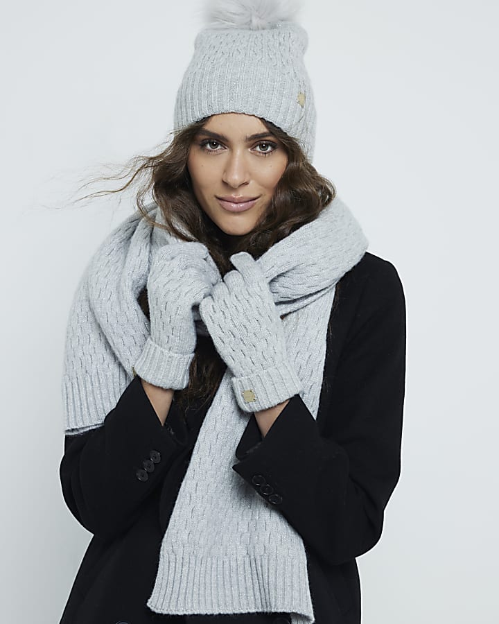 Grey Cable Knit Scarf Hat and Gloves Gift Set River Island