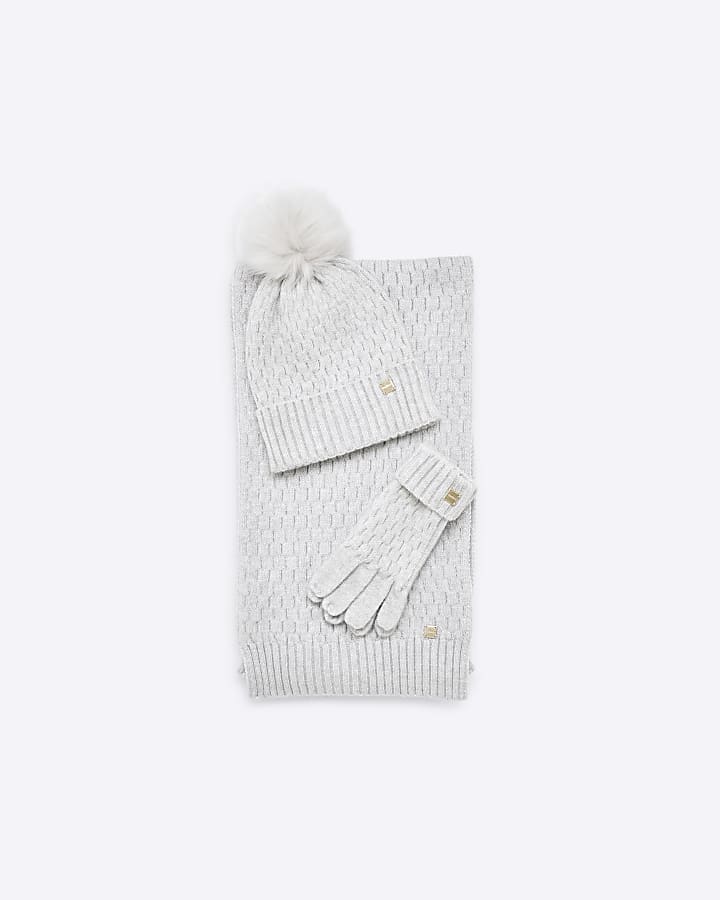 Grey Cable Knit Scarf Hat and Gloves Gift Set