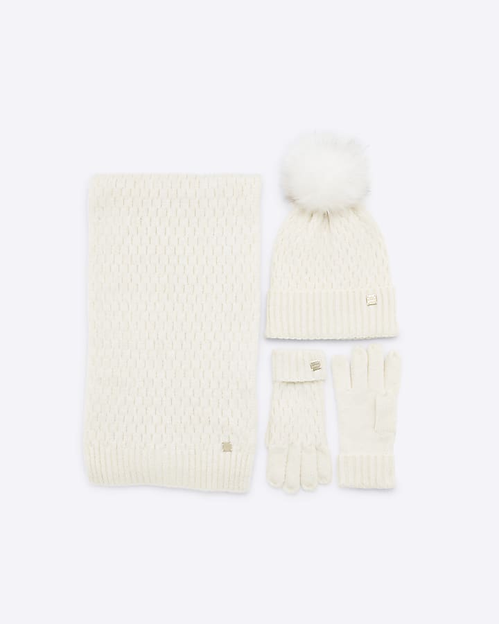 Cream Knit Scarf Hat and Gloves Gift Set