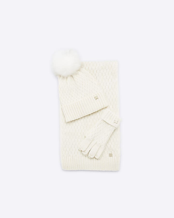 Cream Knit Scarf Hat and Gloves Gift Set