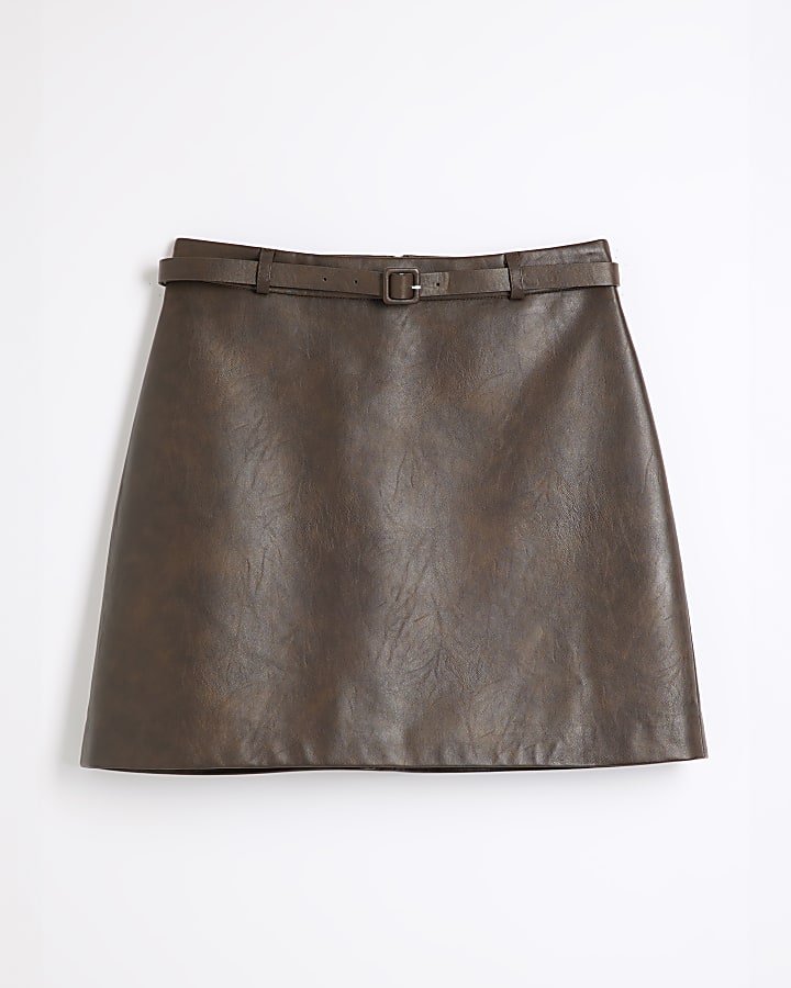 Brown Belted Faux Leather Mini Skirt