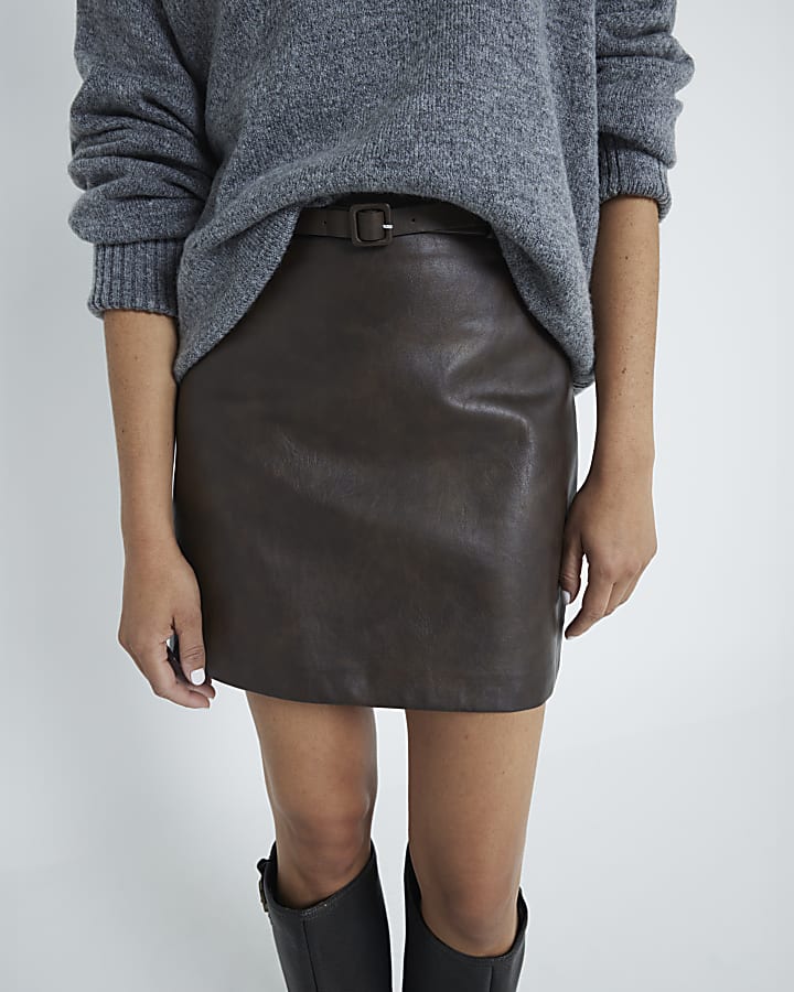 Faux leather skirt brown best sale