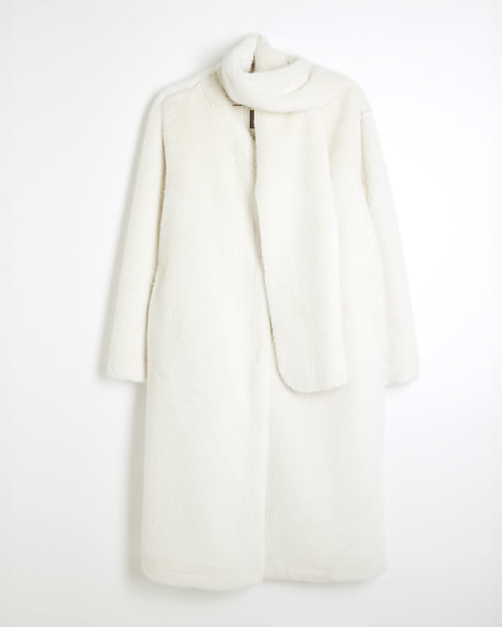 Cream Faux Fur Scarf Coat