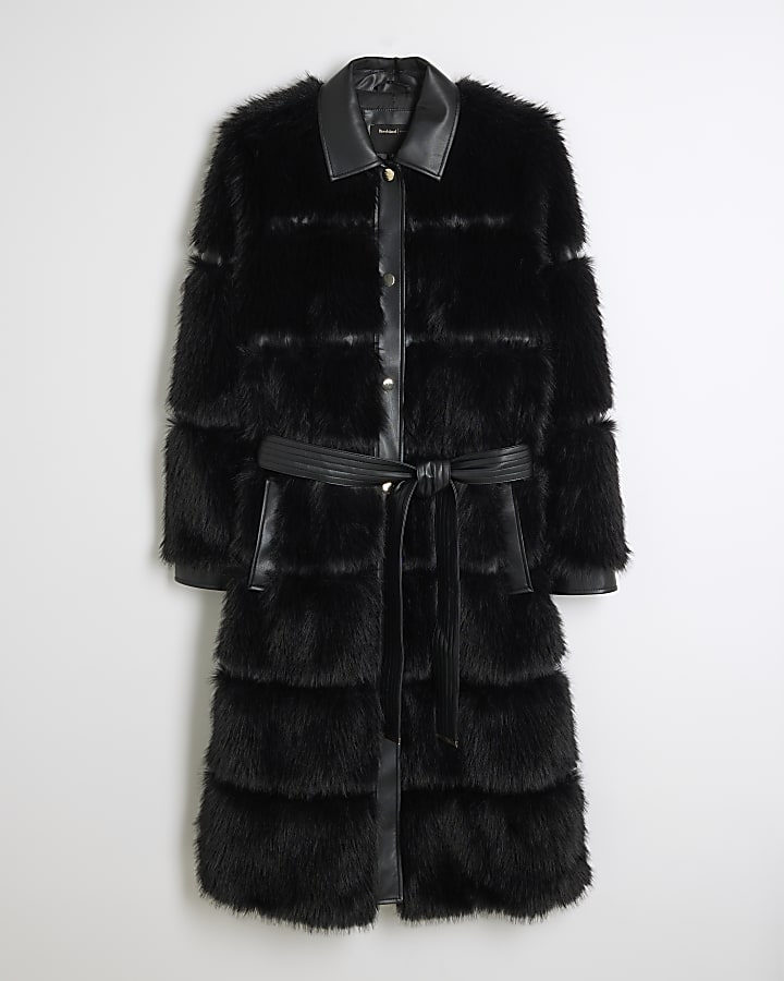 Black Faux Fur Collared Button Down Coat