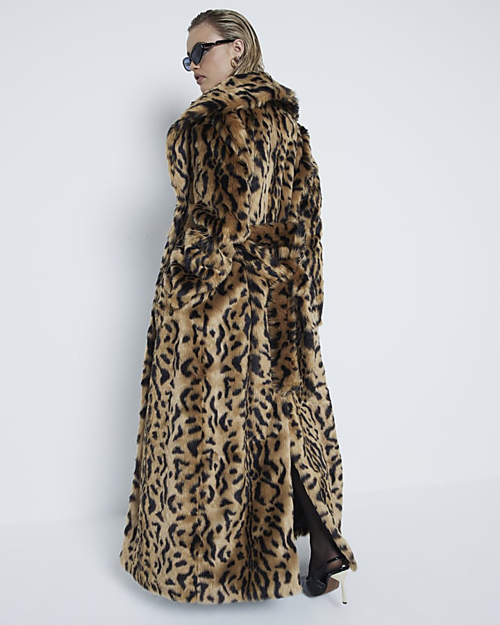 Brown Faux Fur Leopard Maxi Coat