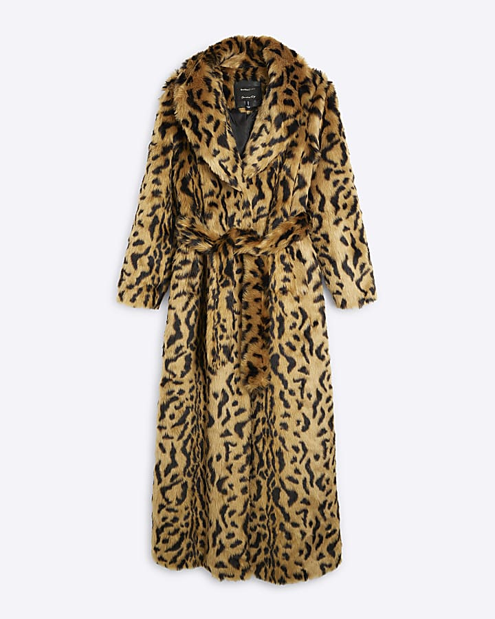 Brown Faux Fur Leopard Maxi Coat