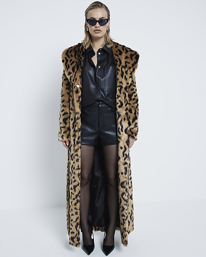 Brown Faux Fur Leopard Maxi Coat