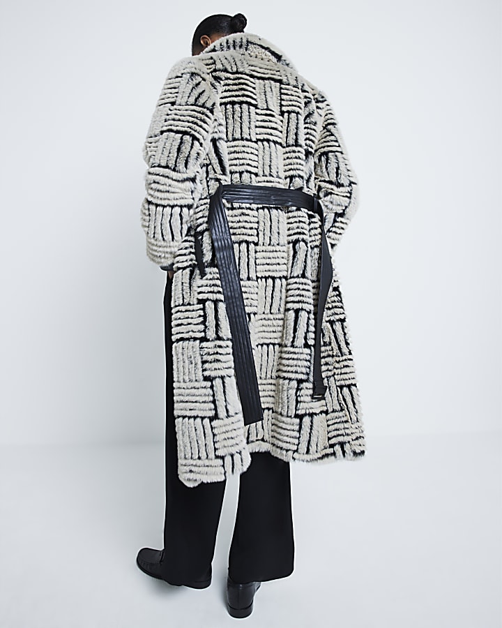 Black Faux Fur Abstract Button Down Coat