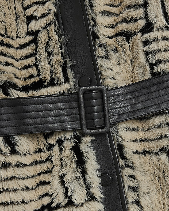 Black Faux Fur Abstract Button Down Coat