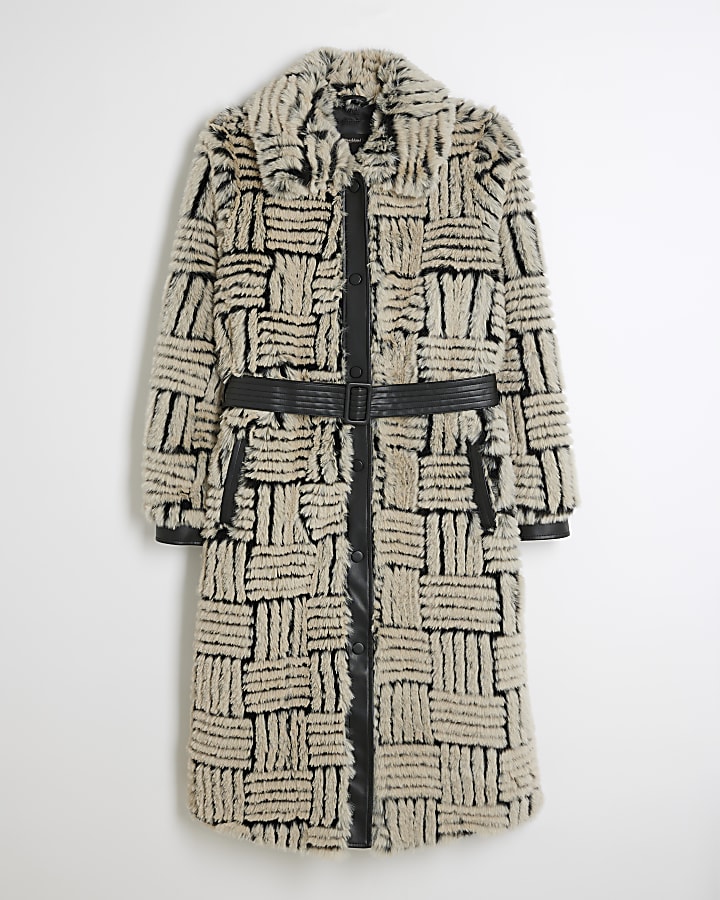 Black Faux Fur Abstract Button Down Coat