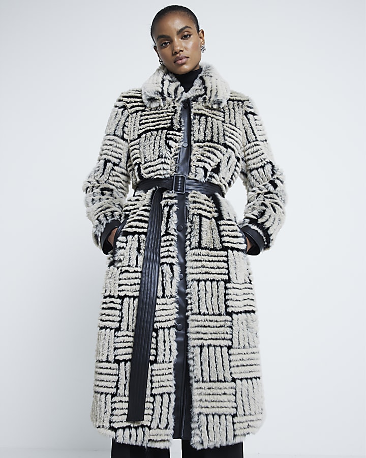 Black Faux Fur Abstract Button Down Coat