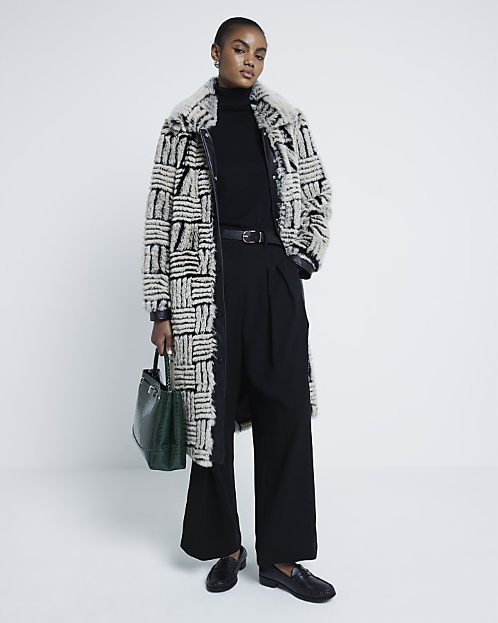 Black Faux Fur Abstract Button Down Coat