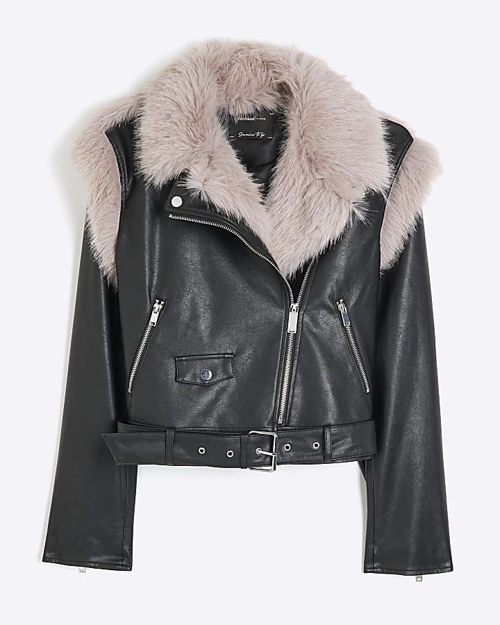 Black Faux Fur Faux Leather Biker Jacket