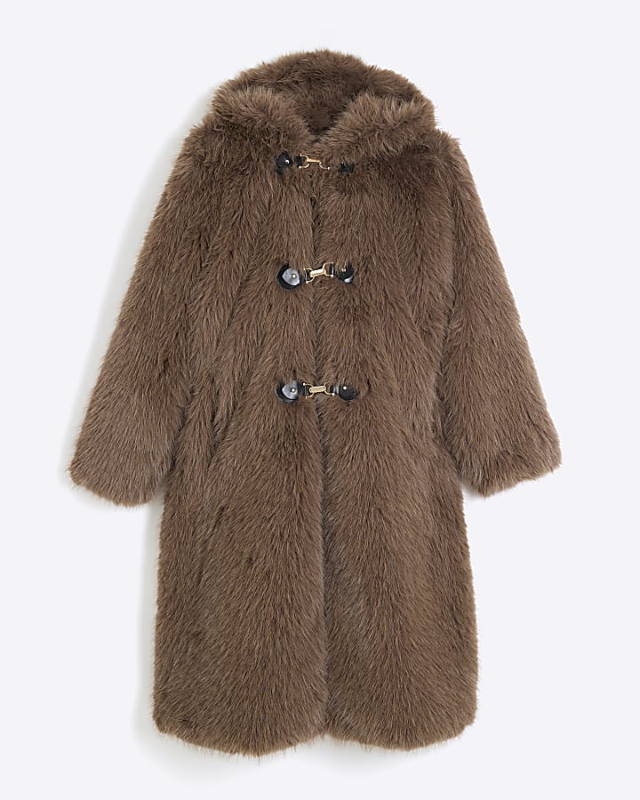 Brown Faux Fur Hooded Duffle Coat