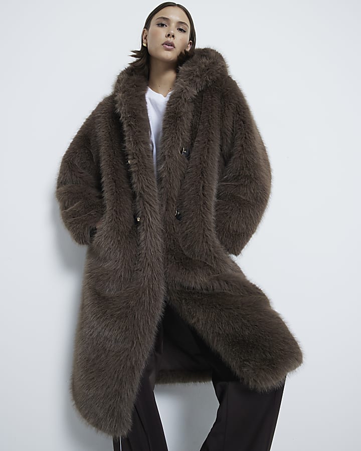 Brown Faux Fur Hooded Duffle Coat