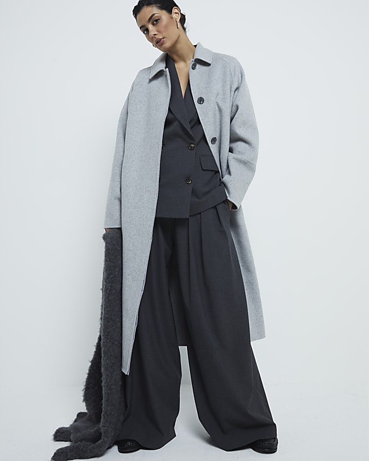 Grey Premium Wool Blend Button Coat