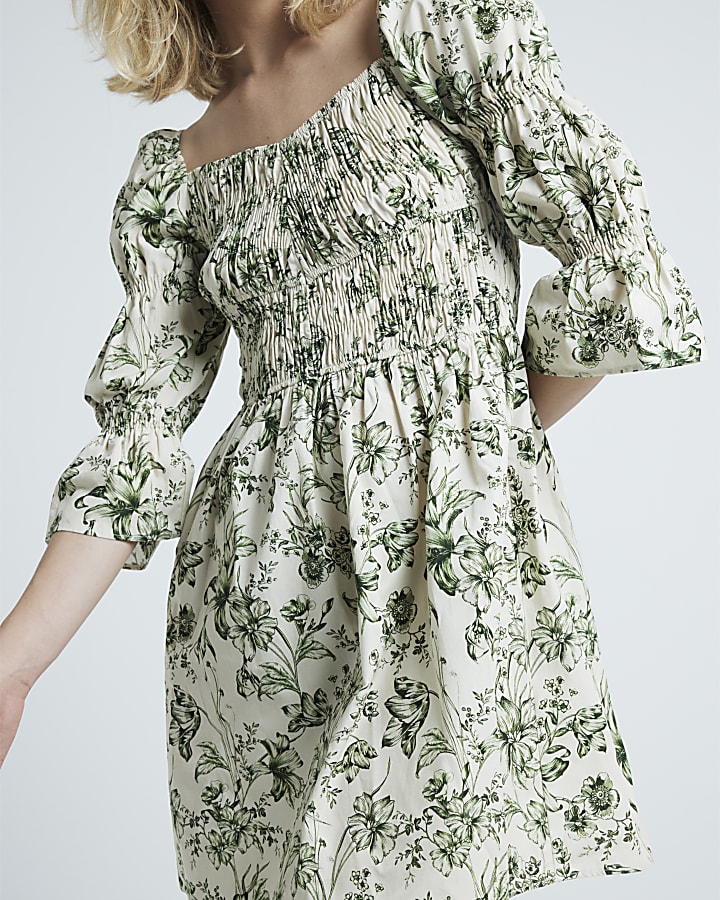 Cream floral shirred smock mini dress