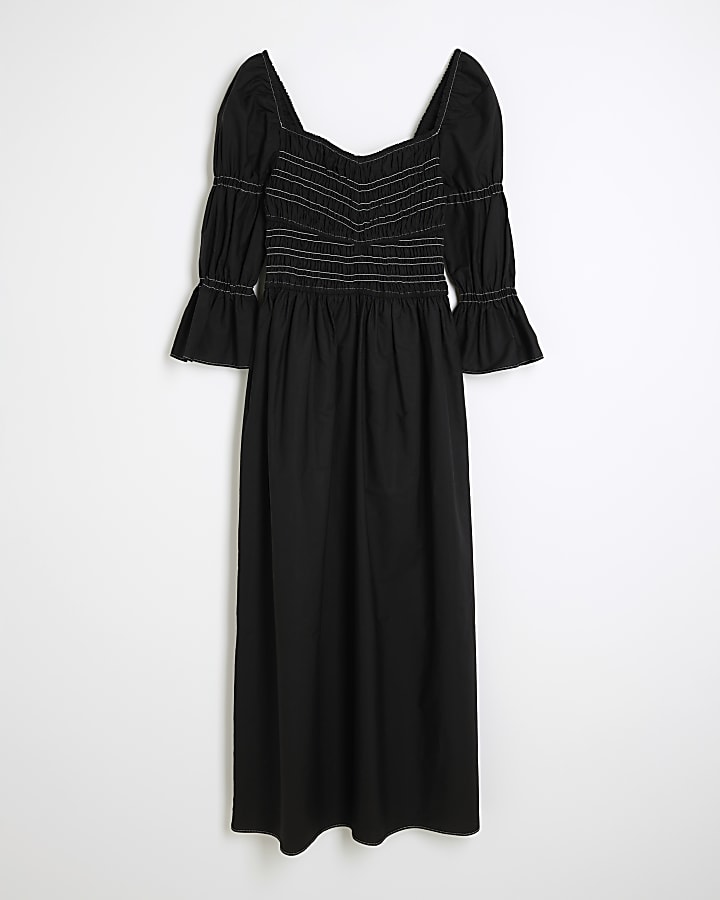 Black shirred smock midi dress