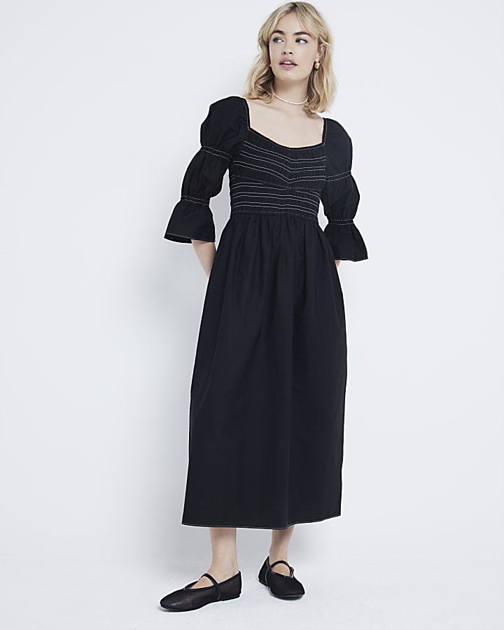 Black shirred smock midi dress