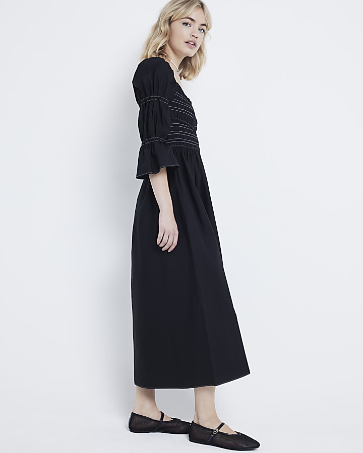 Black shirred smock midi dress