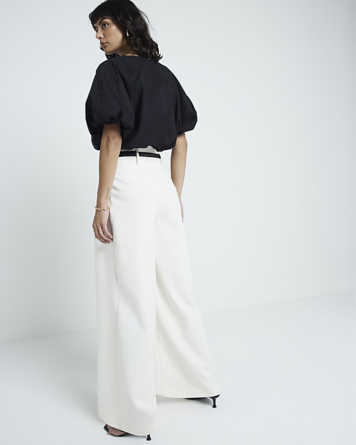 Cream High Waisted Wide Leg Trousers