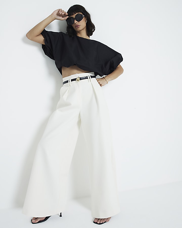 Cream High Waisted Wide Leg Trousers