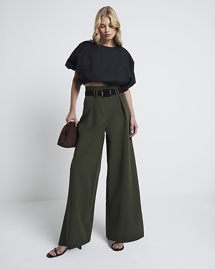 Khaki Premium High Waisted Wide Leg Trousers