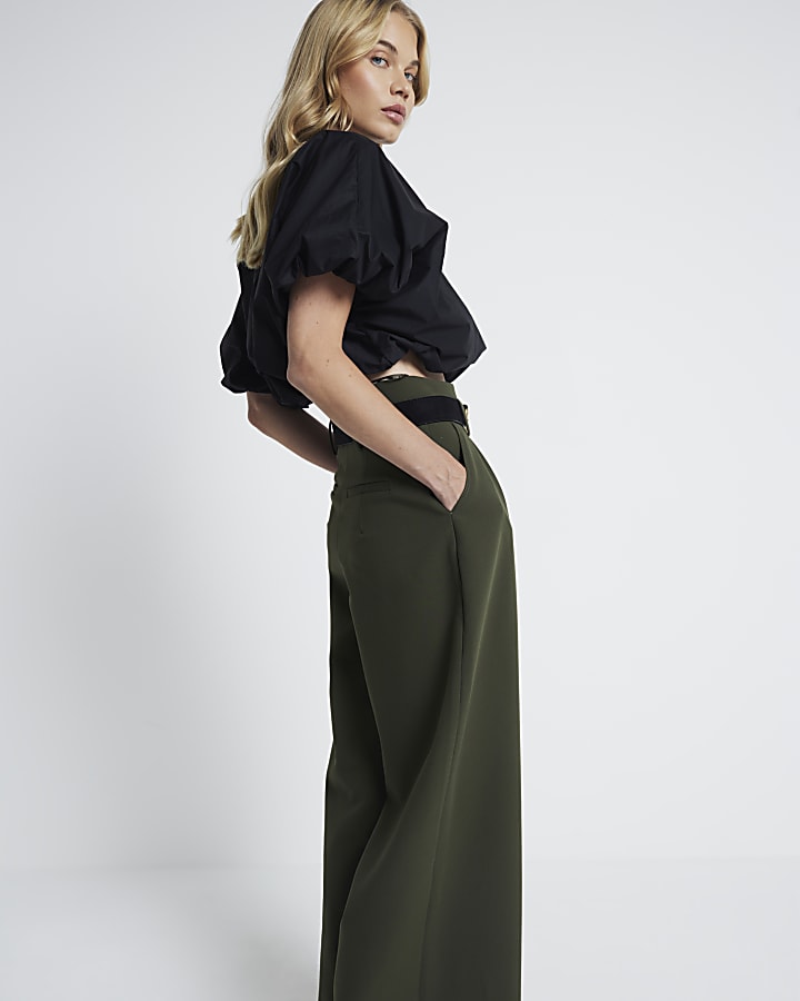 Khaki Premium High Waisted Wide Leg Trousers