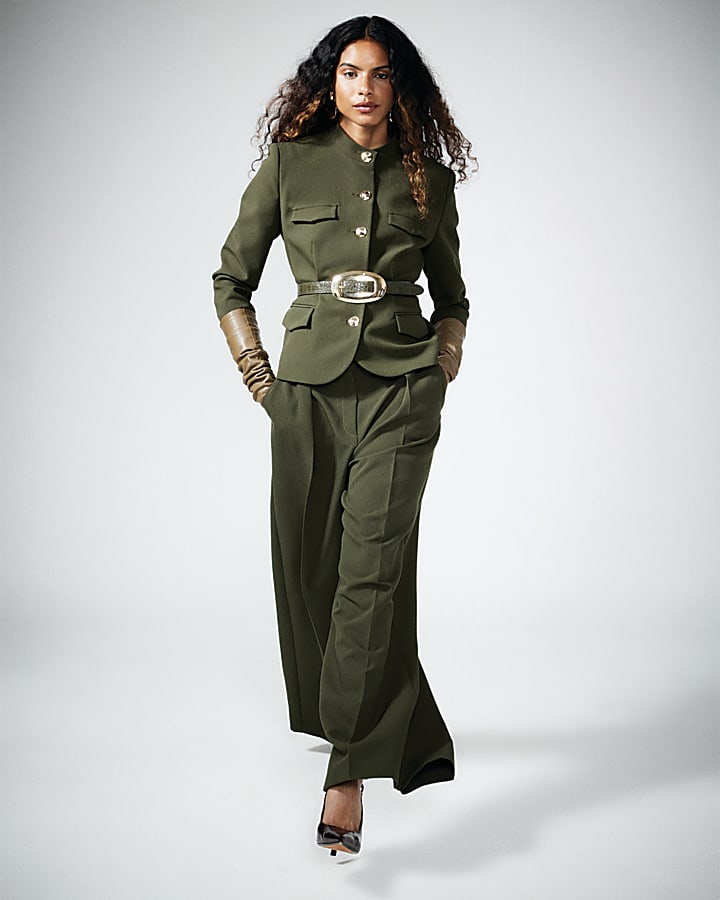 Khaki Premium High Waisted Wide Leg Trousers