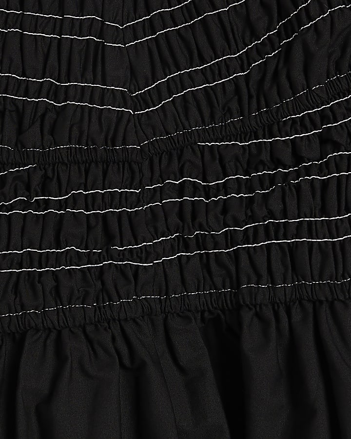 Black shirred smock mini dress
