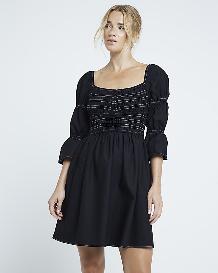 Black shirred smock mini dress